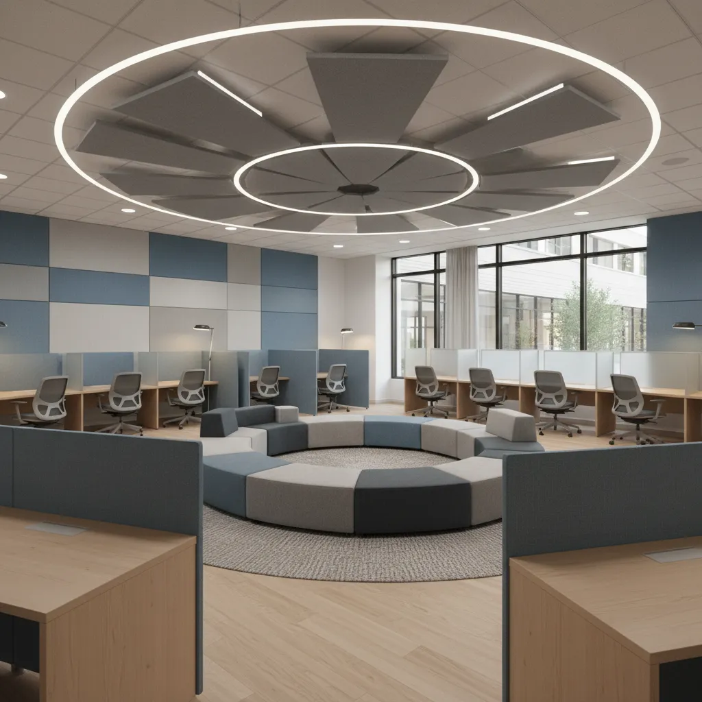 Modern room with circular sofa seating blue wall panels wooden desks and large ceiling light