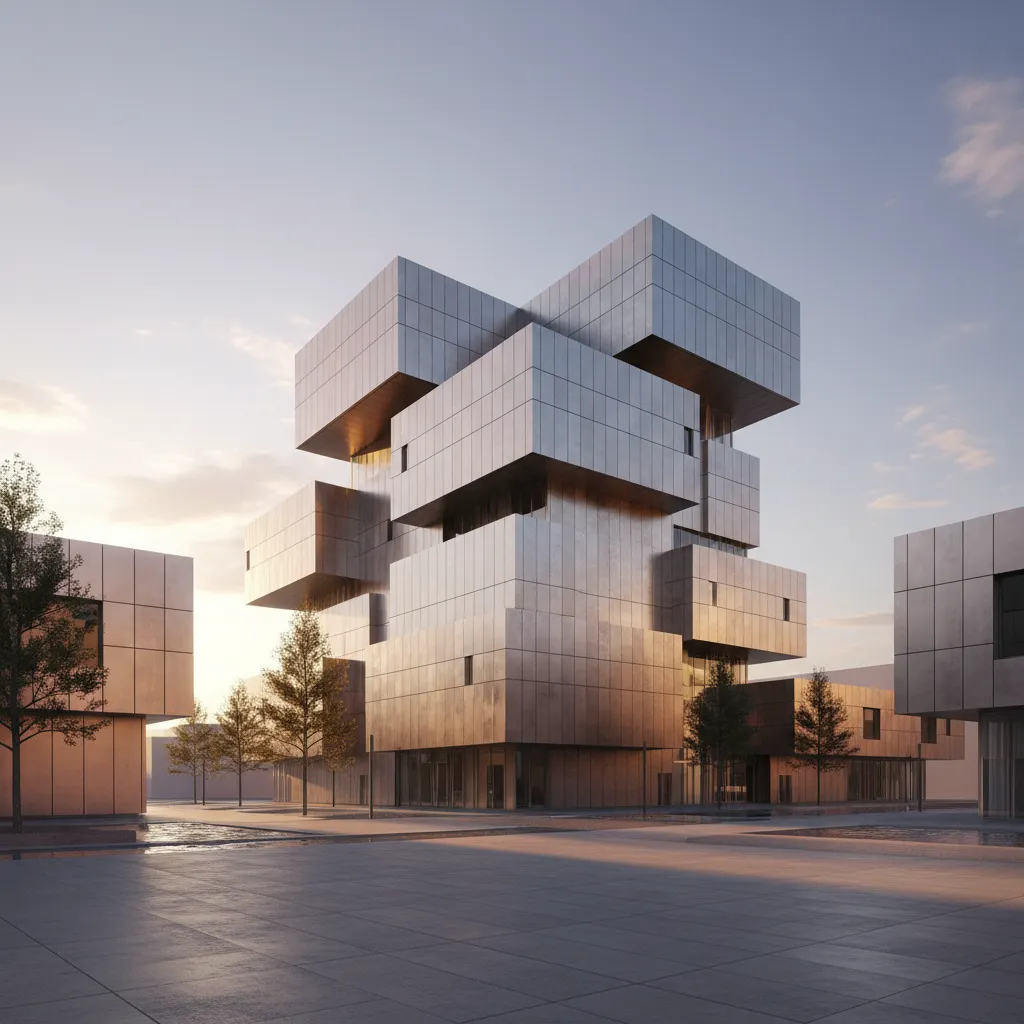 Sunset architectural render highlighting reflections on aluminum composite panel facade