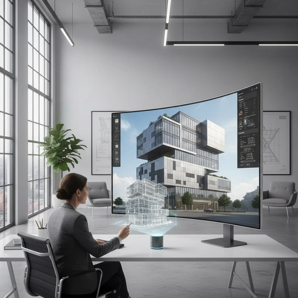 Architectural 3D model showing aluminum composite panel facade design on a modern office building