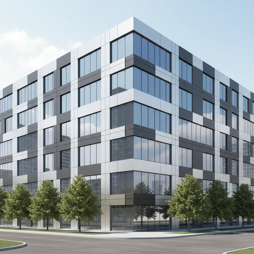 modern building facade with silver and dark gray ACP panels and glass windows