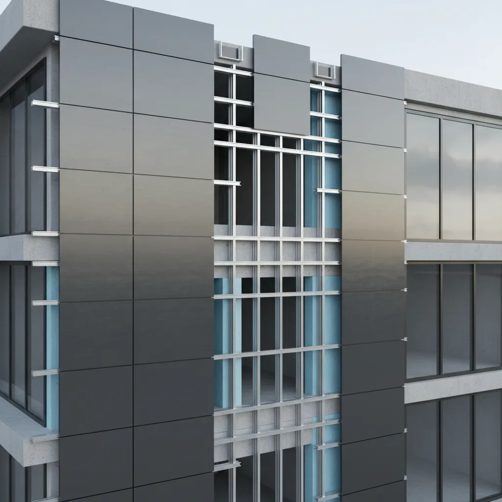 3D simulation of ACP facade installation system with panel structure and mounting frame