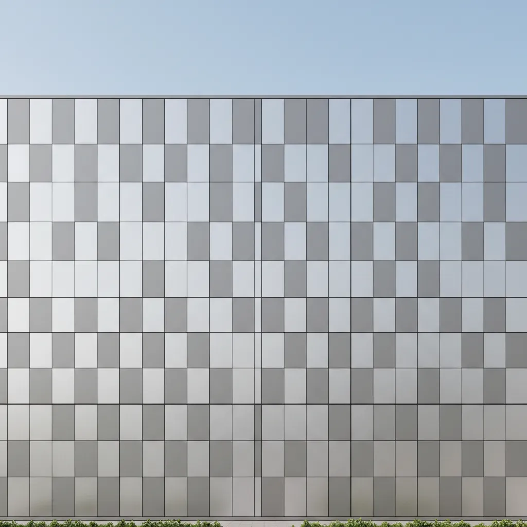 3D architectural model showing aluminum composite panel facade grid pattern on modern building