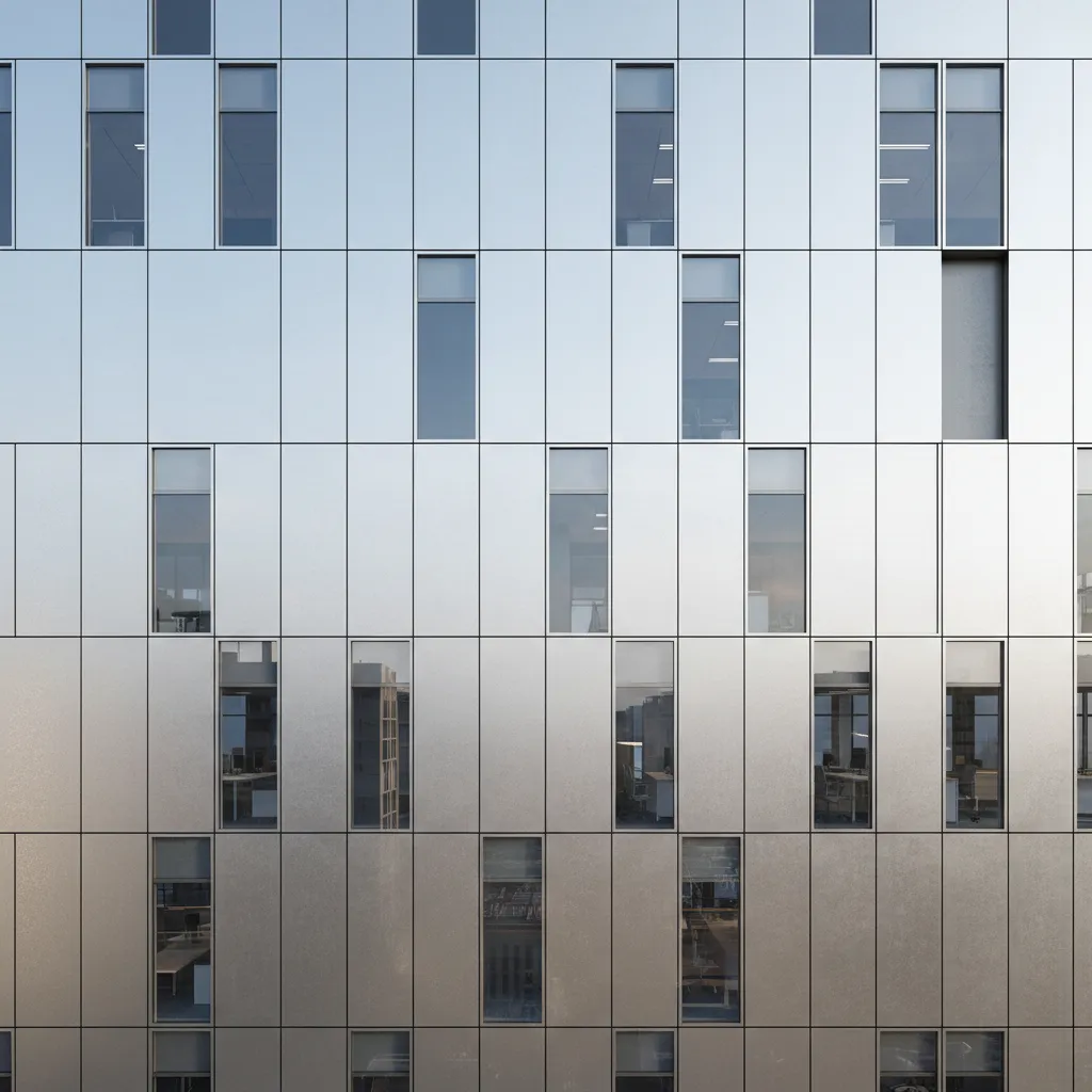 Close view of aluminum composite panel facade with soft reflections in architectural render