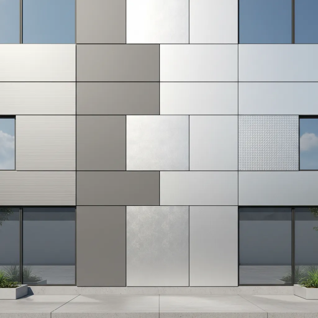 different aluminum composite panel materials and finishes on a modern building facade