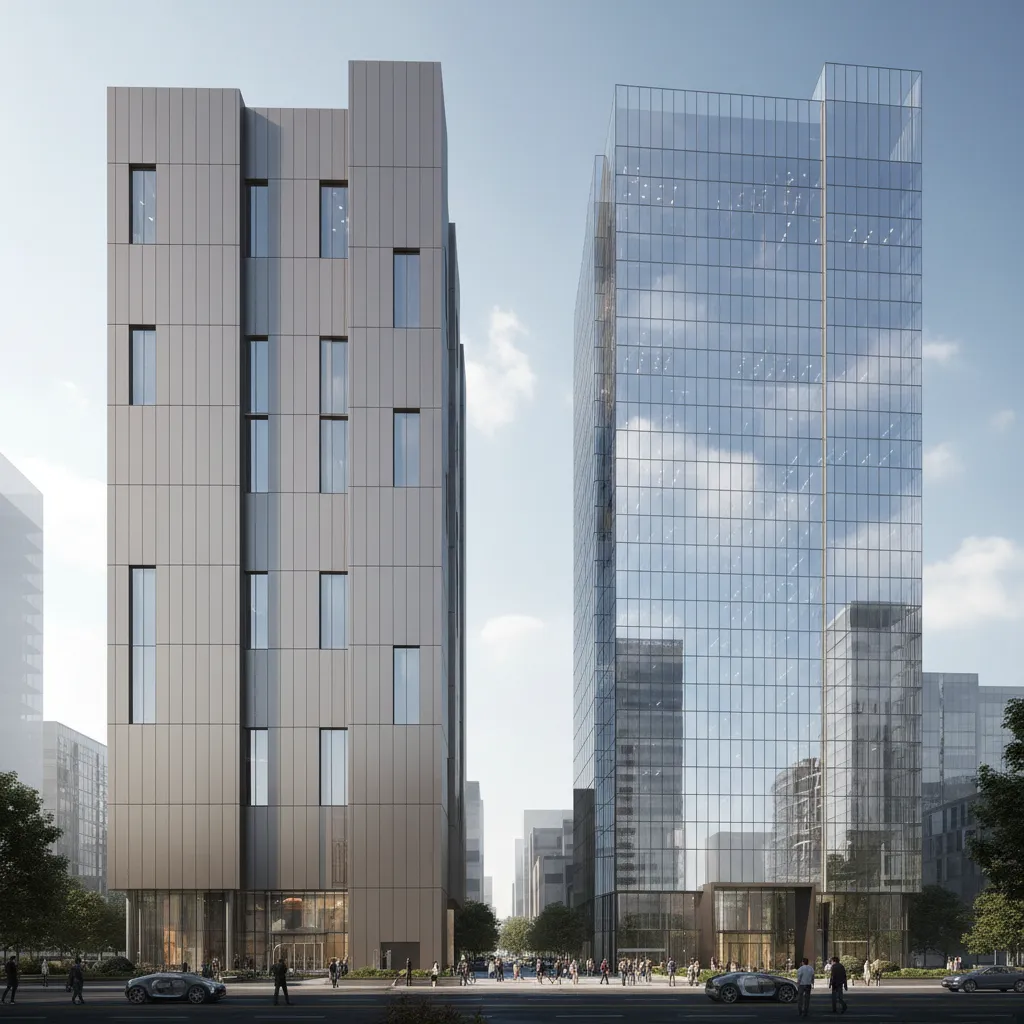 side by side comparison of ACP cladding facade and glass curtain wall architectural rendering
