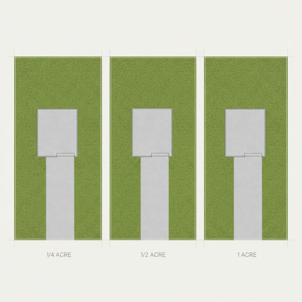 Diagram comparing quarter acre, half acre, and one acre residential lot layouts