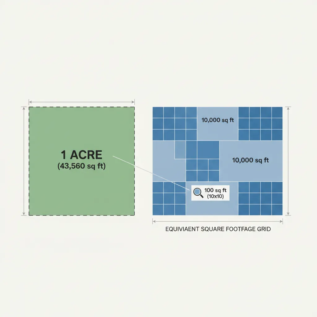 Visual diagram explaining that one acre equals 43560 square feet