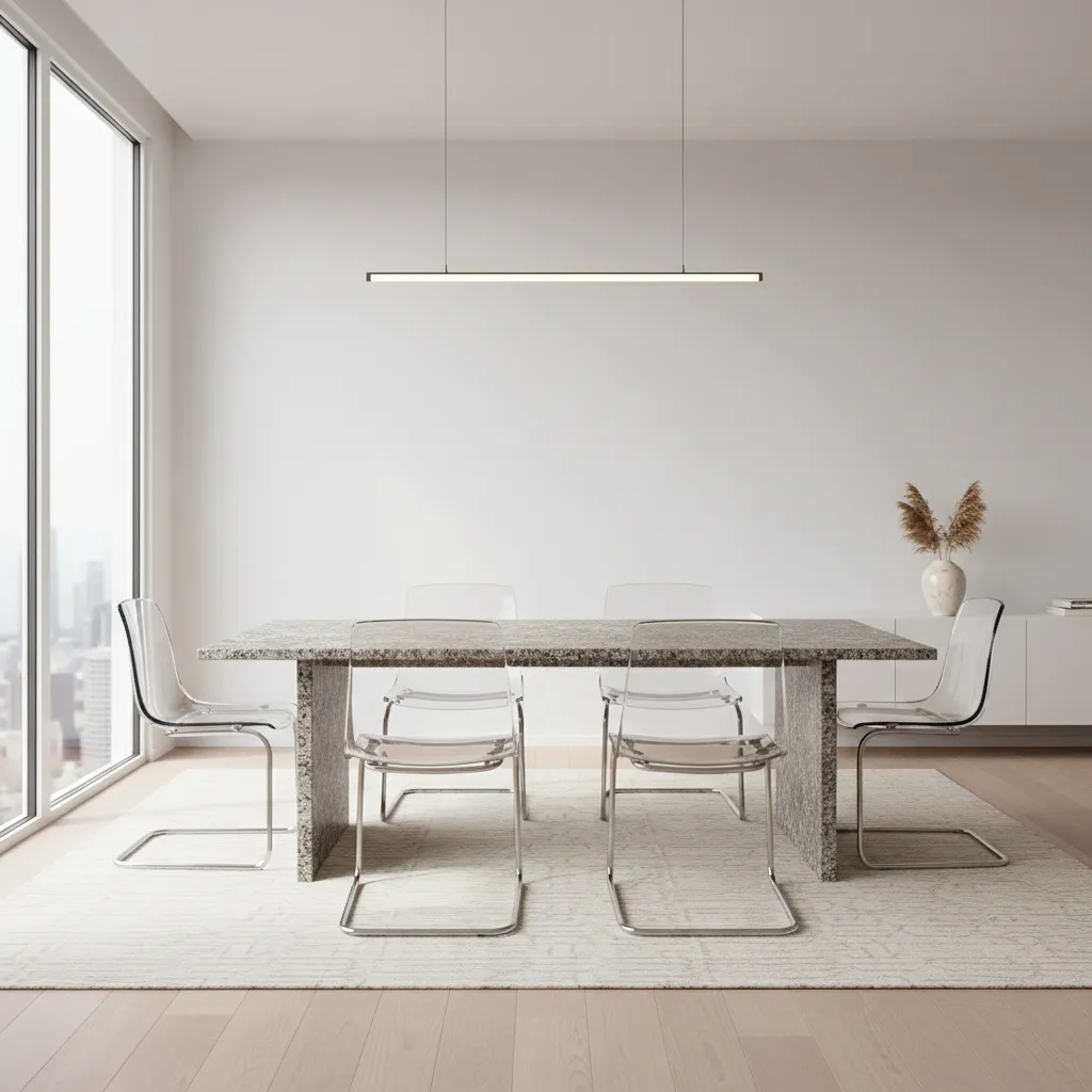 Transparent acrylic dining chairs with granite dining table in minimalist interior