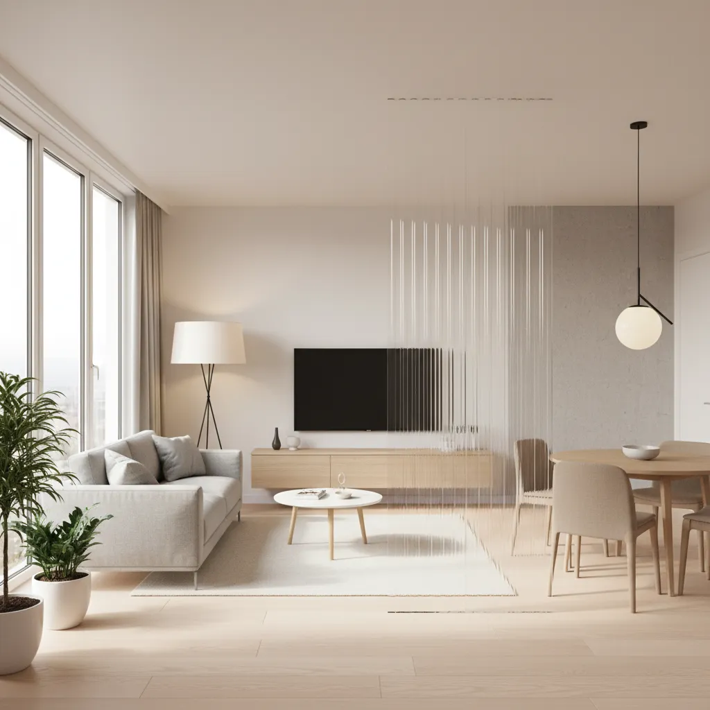 Apartment interior with clear acrylic partition allowing natural light between rooms