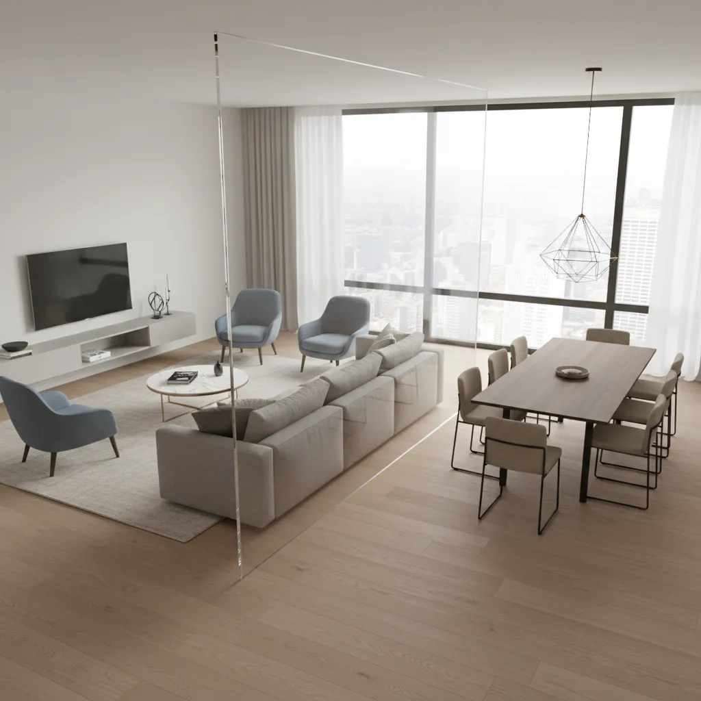 Living room layout showing placement of acrylic partition and circulation space