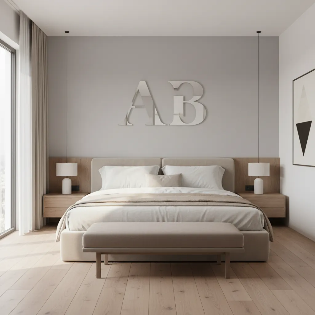 glossy acrylic initial letters installed on a modern bedroom wall
