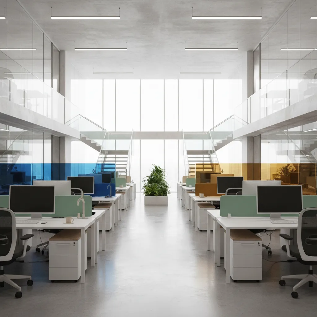 Modern office interior using tinted acrylic partitions between work zones