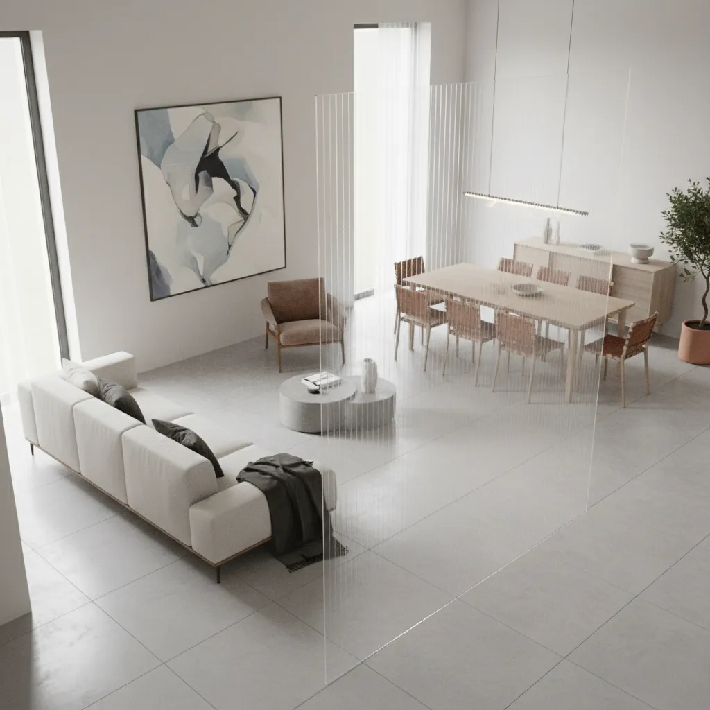 open plan living room layout with acrylic divider separating lounge and dining area