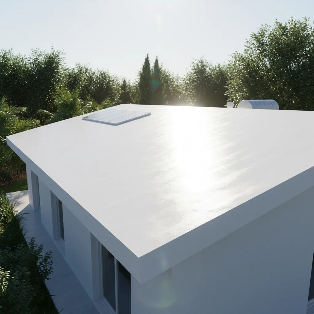 White acrylic roof coating reflecting sunlight on a concrete roof