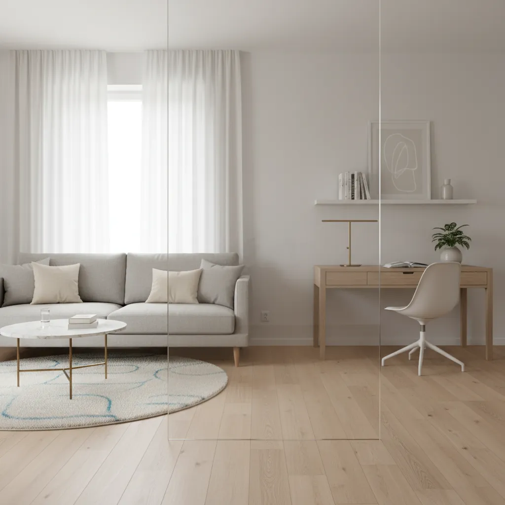 Transparent acrylic room divider in a bright modern apartment living room