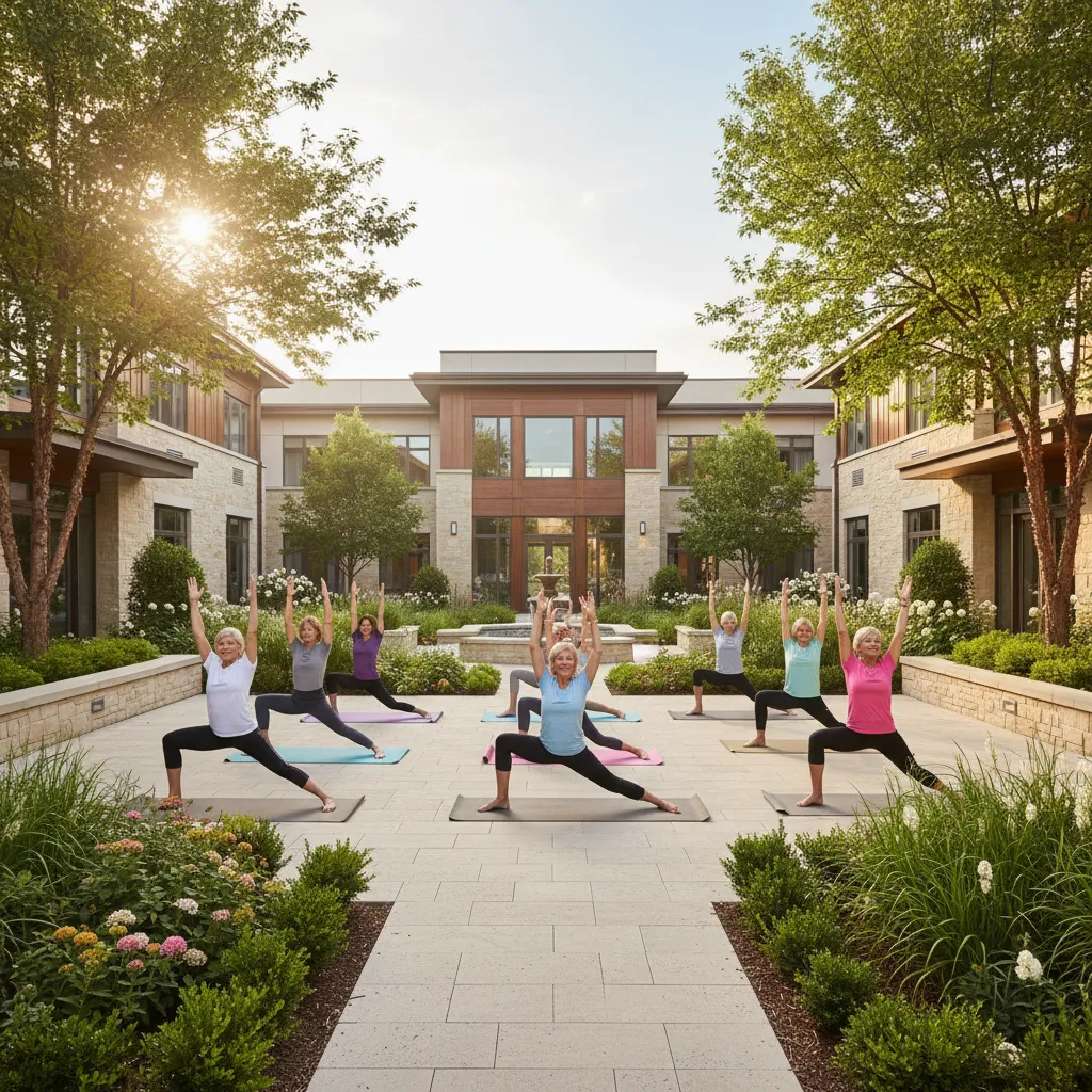 Senior residents participating in yoga and social activities in a retirement community