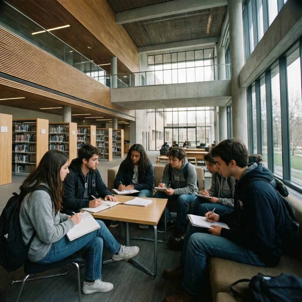 Students sitting around a wooden table in a library taking notes with bookshelves and windows