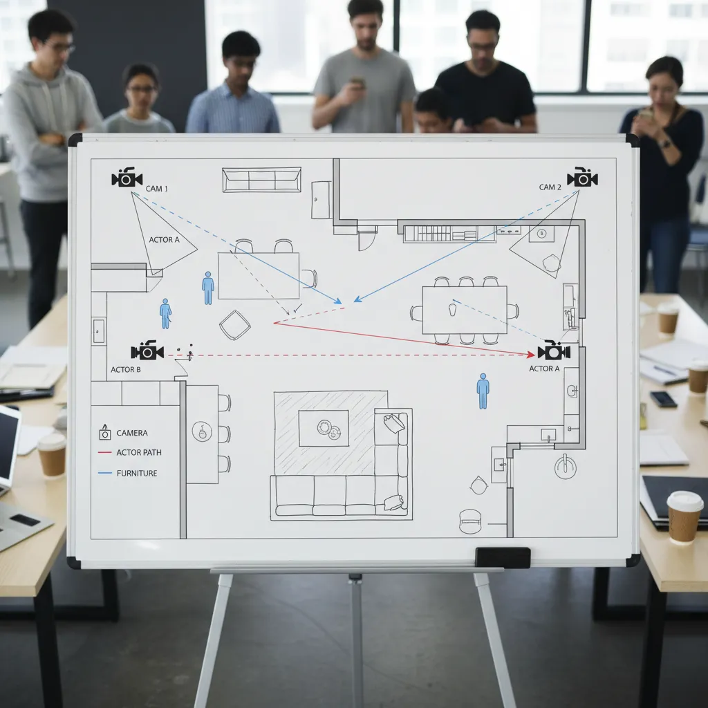 Actor blocking paths shown on a film set floor plan