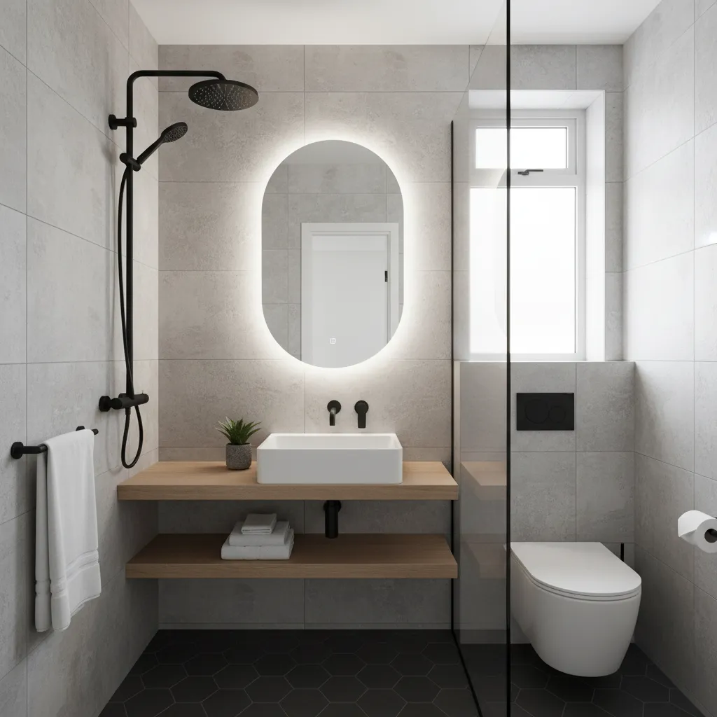 Pequeño baño renovado únicamente con accesorios modernos