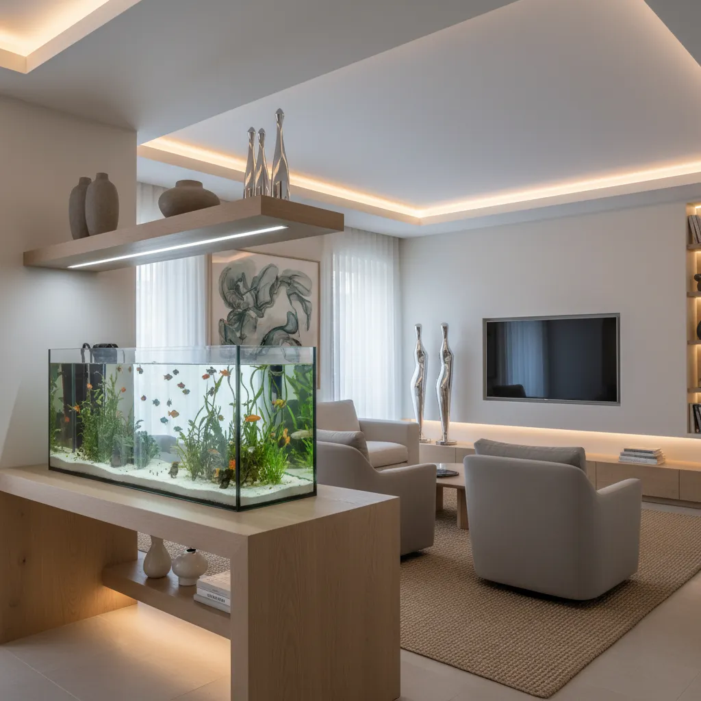 Acuario pequeño decorativo en salón moderno
