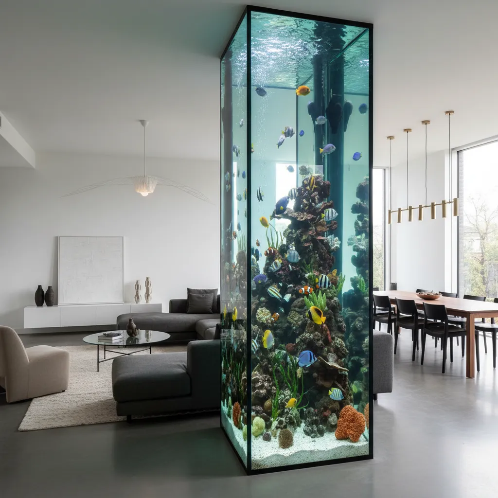 Acuario grande utilizado como divisor entre salón y comedor en una casa moderna