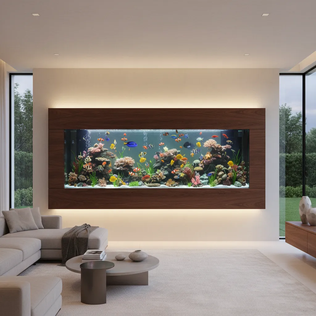 Acuario empotrado en una pared de madera en un interior moderno