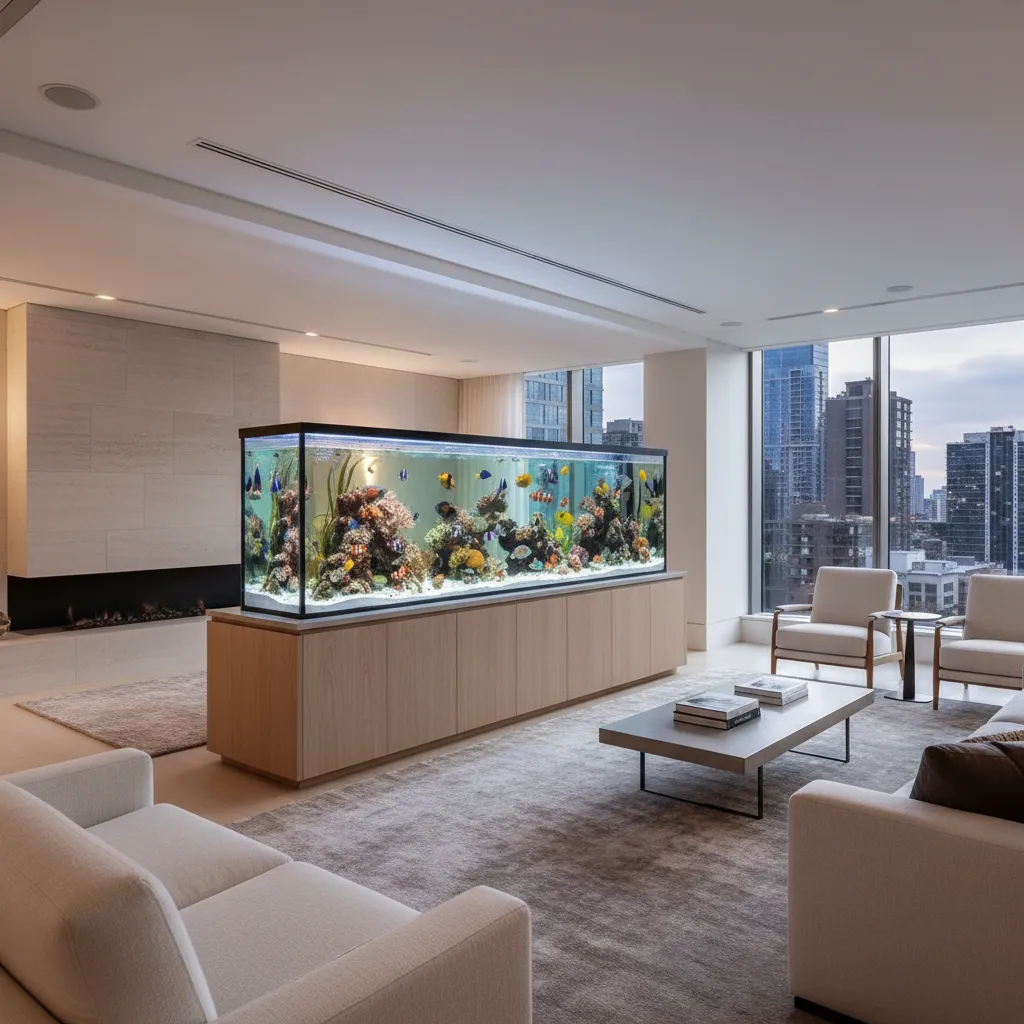 Gran acuario decorativo colocado en un salón moderno