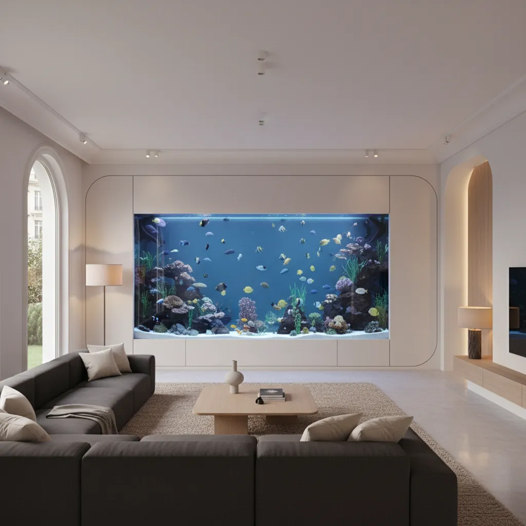 Salón contemporáneo con acuario grande iluminado integrado en la pared