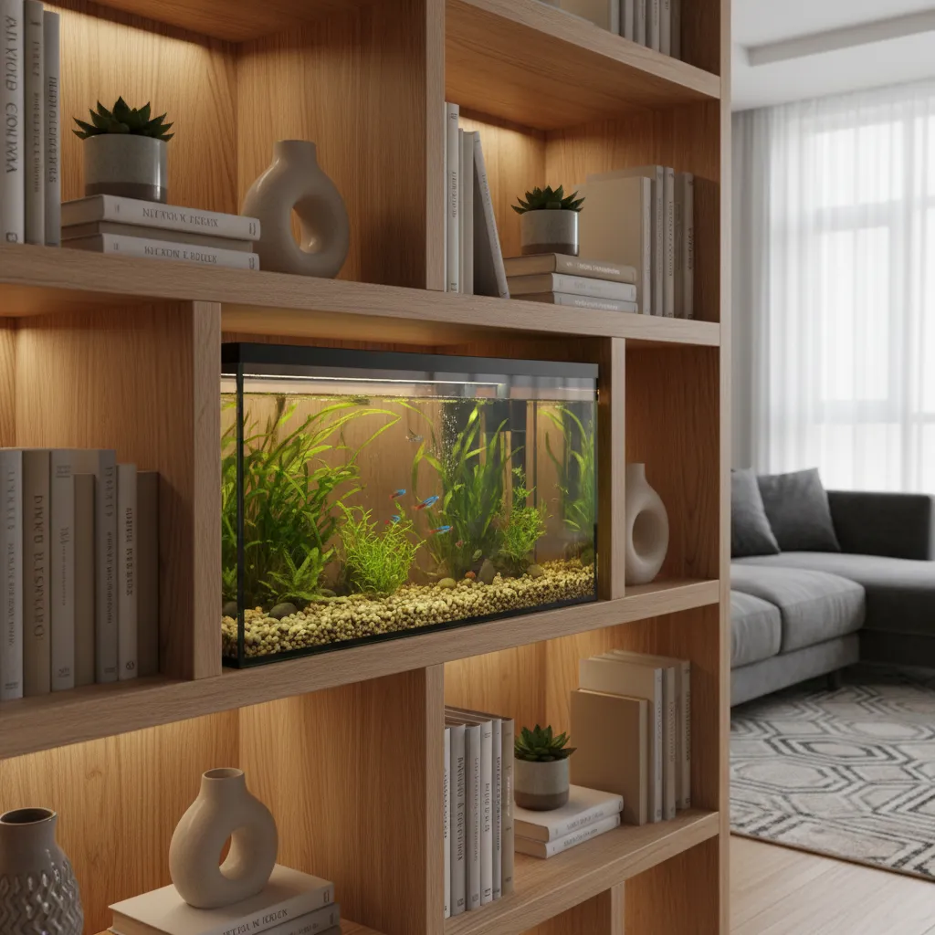 Acuario pequeño integrado en estantería de madera