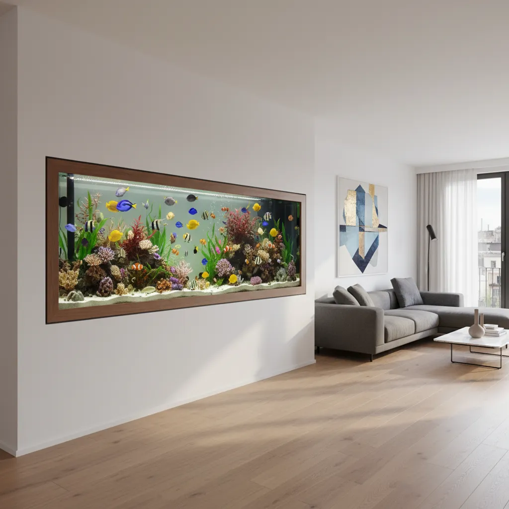 Acuario empotrado en una pared de un salón contemporáneo