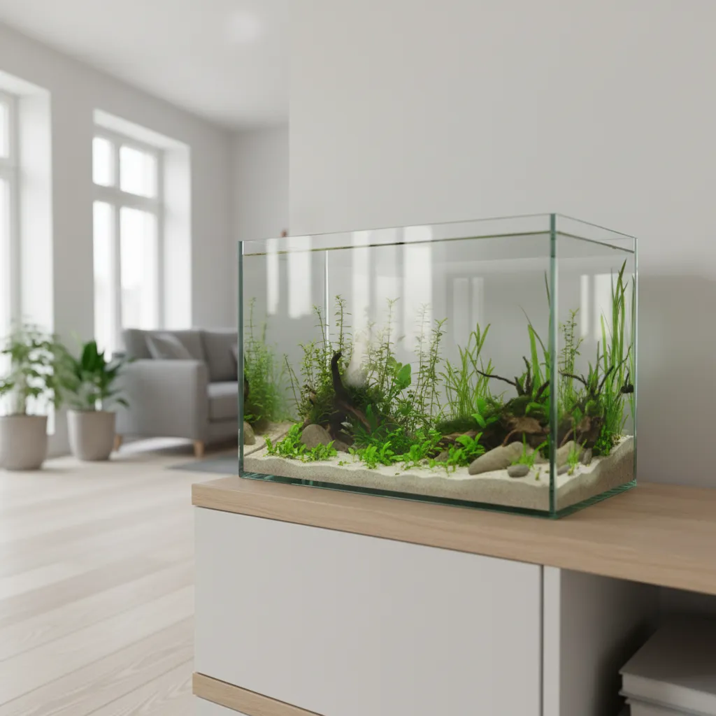 Acuario pequeño minimalista con plantas acuáticas