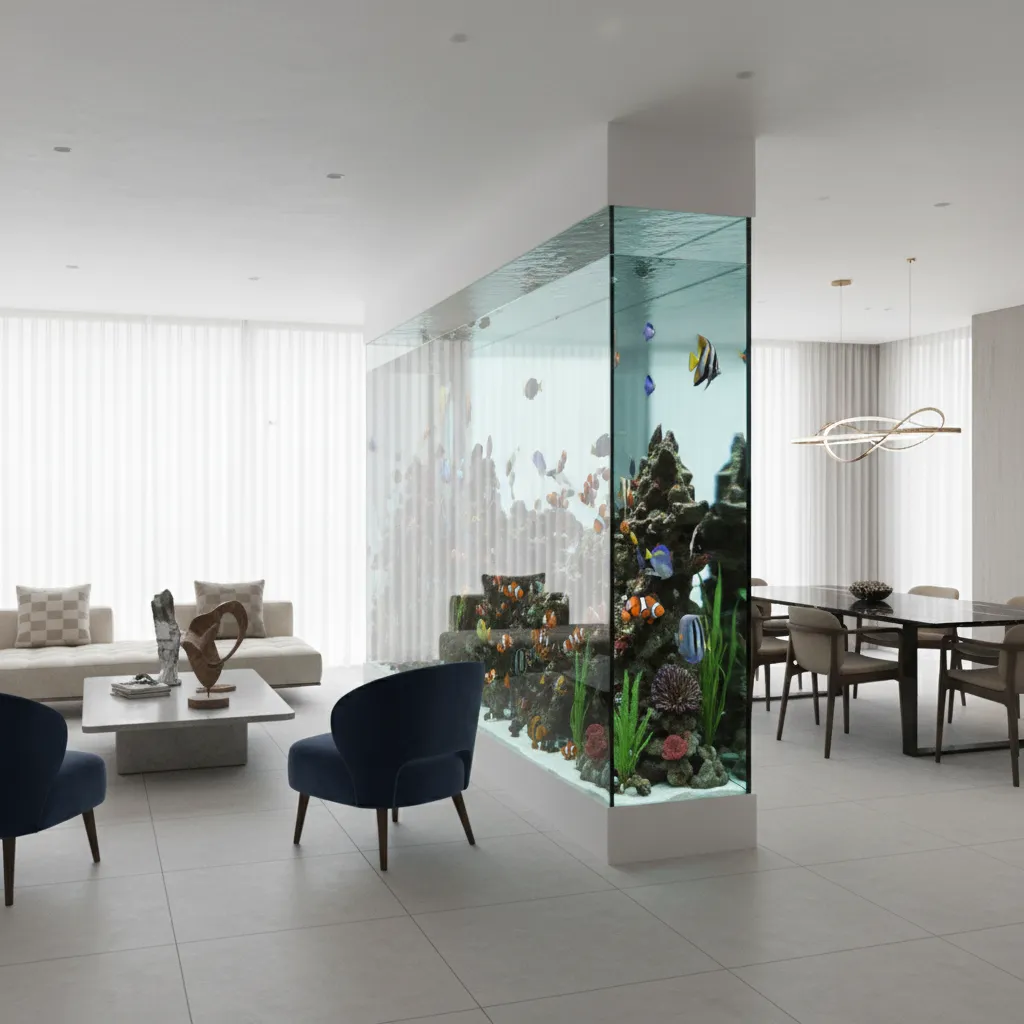 Acuario largo utilizado como separador entre salón y comedor