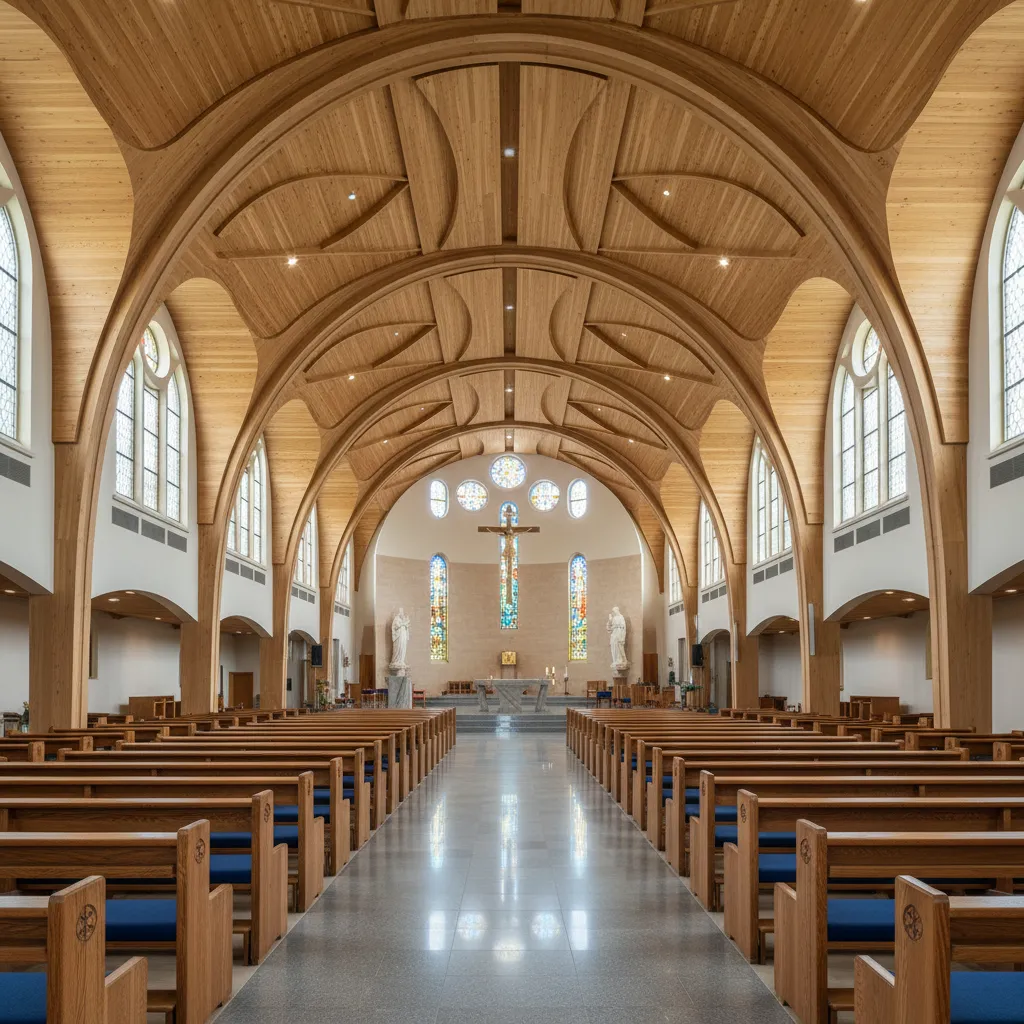 Interior de iglesia mostrando techo alto y superficies acústicas