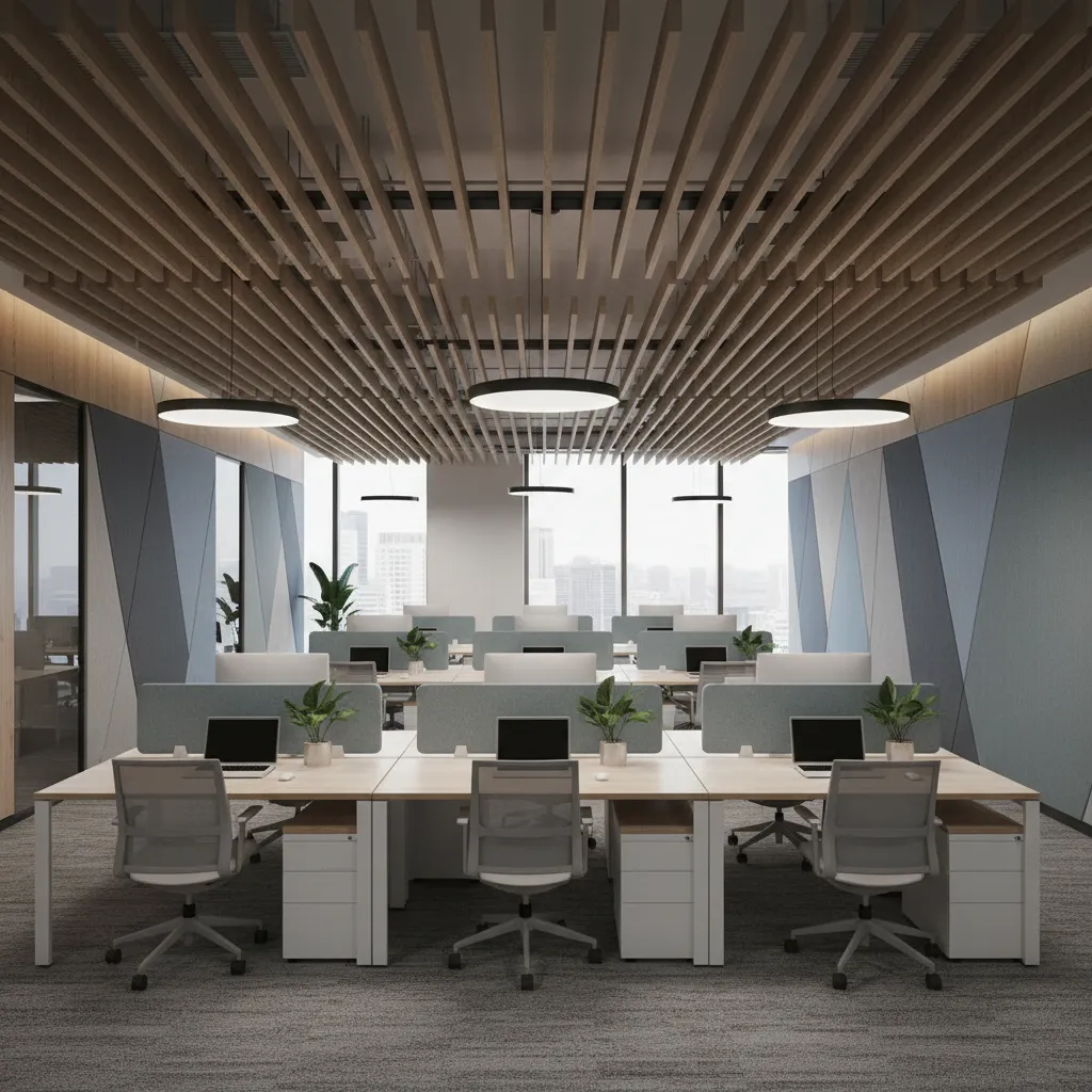 Oficina moderna con paneles acústicos integrados en el diseño interior
