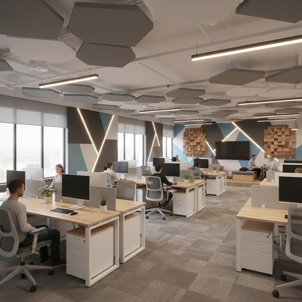 Professional office workspace with people at desks grey ceiling panels and bright wall light strips