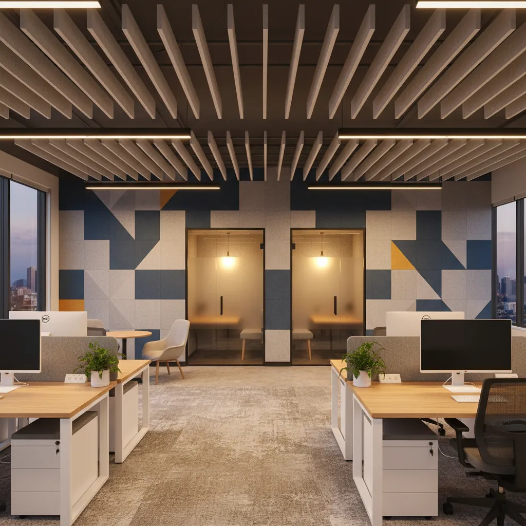 Oficina con paneles acústicos y cabinas para llamadas
