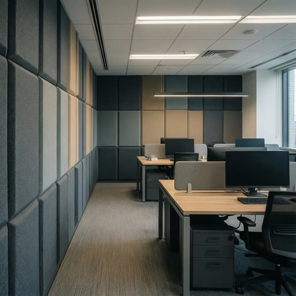 Oficina con paneles acústicos y espacios de concentración