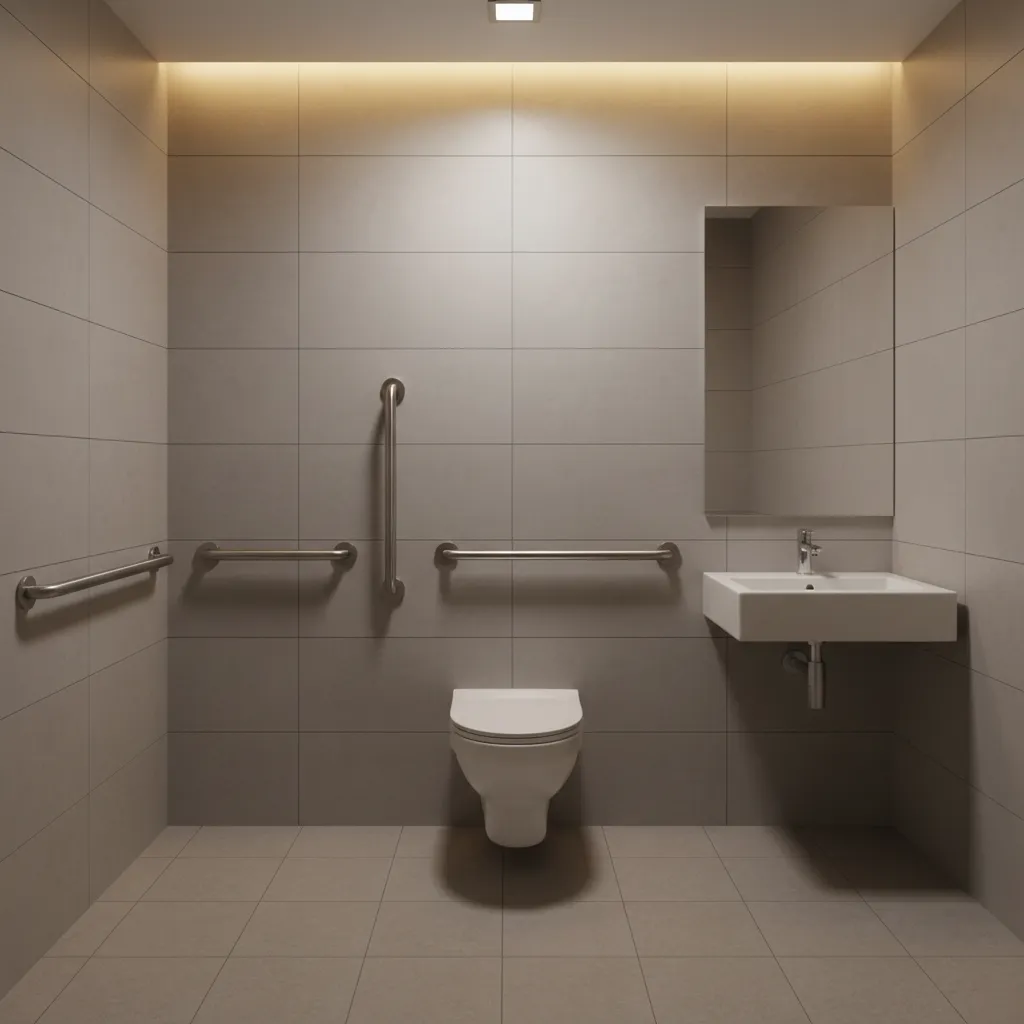 Accessible toilet with correctly placed ADA grab bars and side transfer space