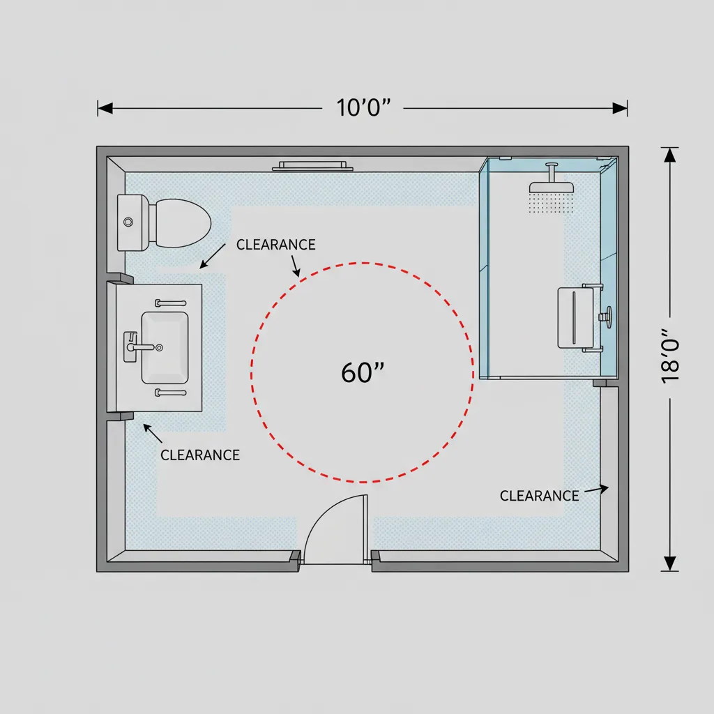 Bathroom layout diagram showing 60 inch wheelchair turning radius and clearance zones