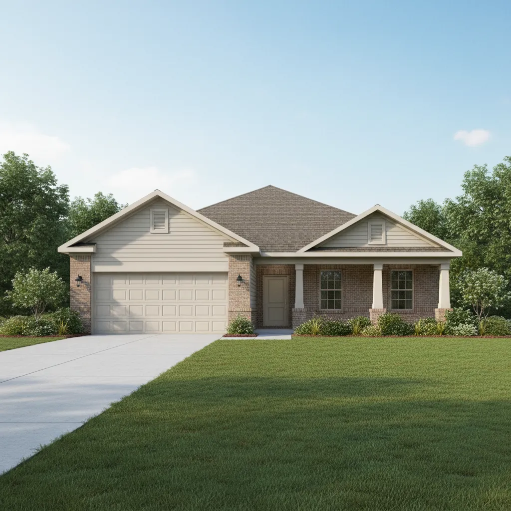 Single story house with beige walls, brick details, garage, green lawn, and blue sky background