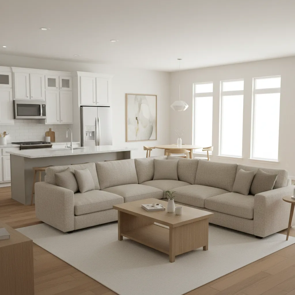 Open plan living area with beige sectional sofa wooden coffee table white kitchen and large windows