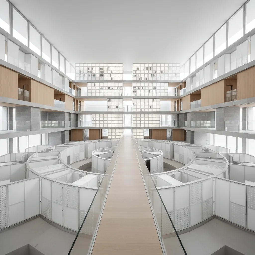 Interior design drawing of a large bright white hall with many windows and wooden central walkway