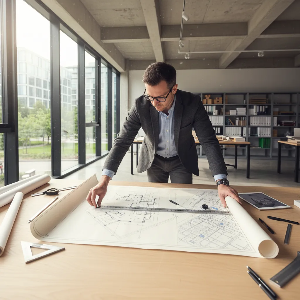 Arquitecto ajustando plano de casa sobre plano del terreno