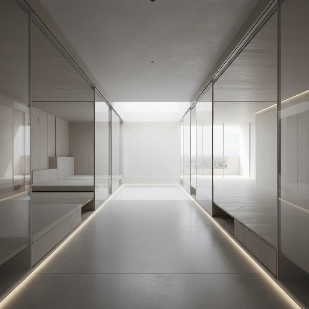 Modern minimalist hallway with glass walls wood cabinet floor light fixture and bright natural light