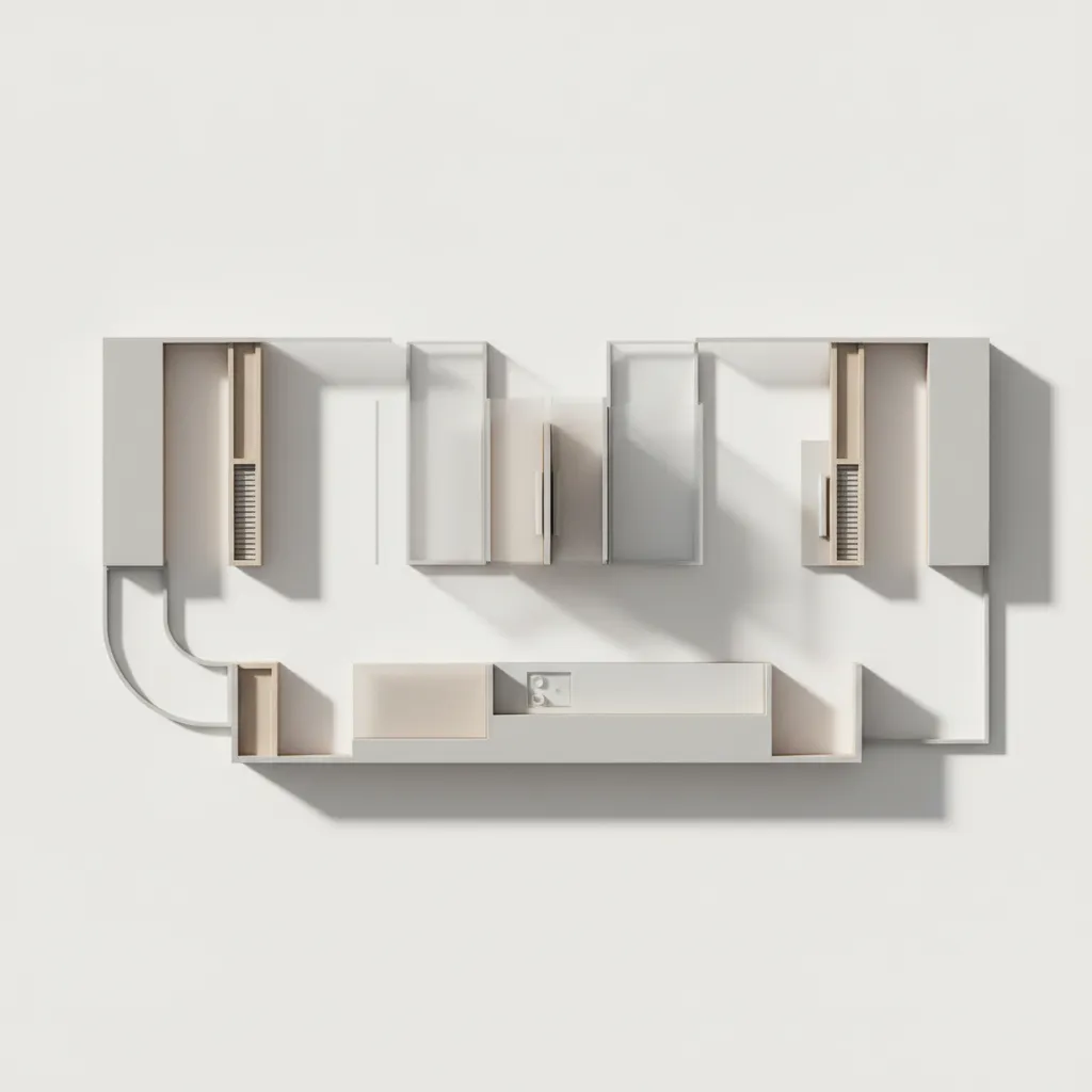 Top view of a clean minimalist interior design drawing showing kitchen cabinets and white wall layout