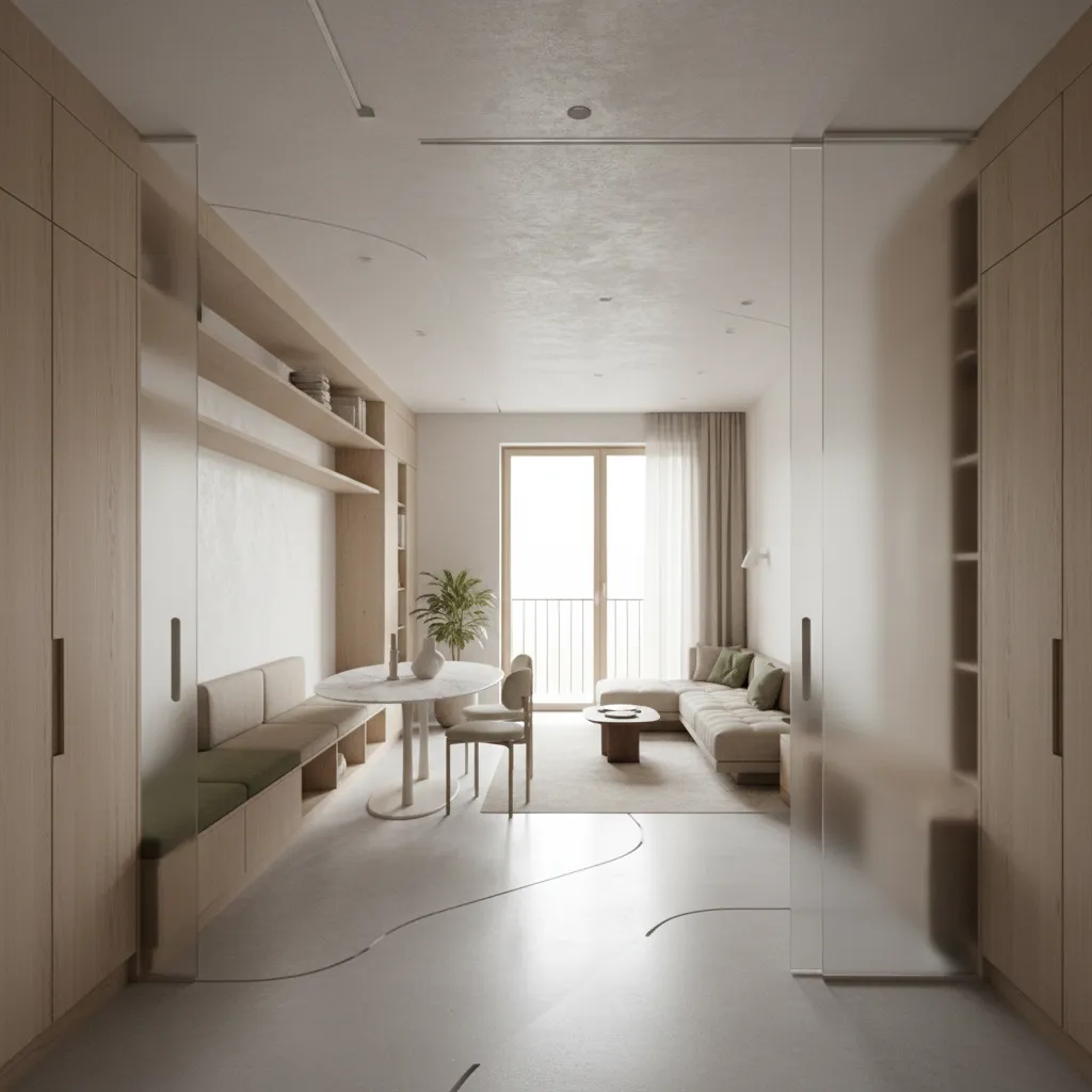 Modern minimal living room with wood cabinets round dining table grey sofa and large balcony windows
