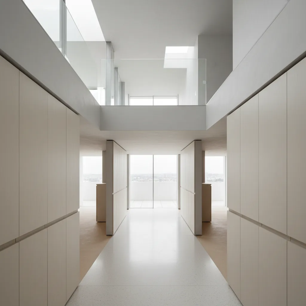 Minimalist white interior with wooden cabinets a long bright hallway glass railings and high ceiling windows