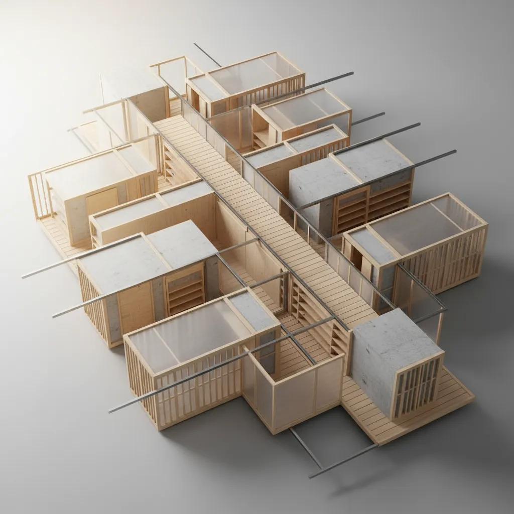 3D interior design drawing of modular wooden rooms connected by a long wooden path walkway