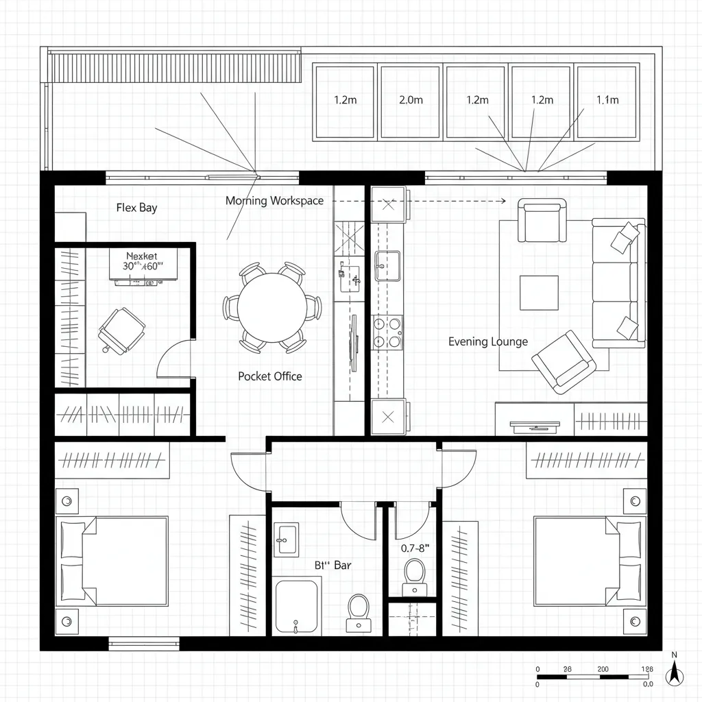 Top-down CAD plan with NE flex bay, pocket office, and sliding screens
