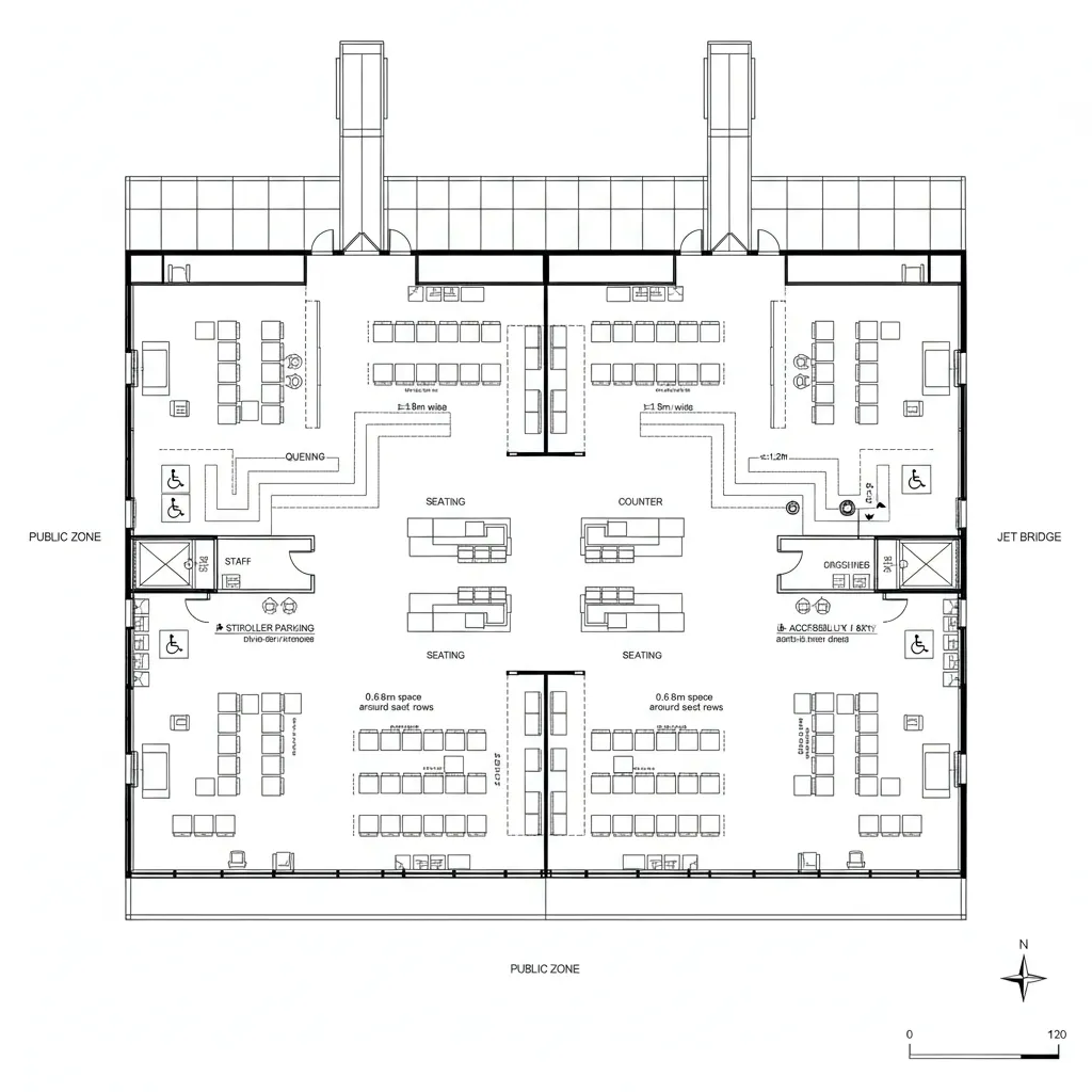 Top-down CAD plan of adaptive gate lounges with flexible partitions and pre-boarding queues